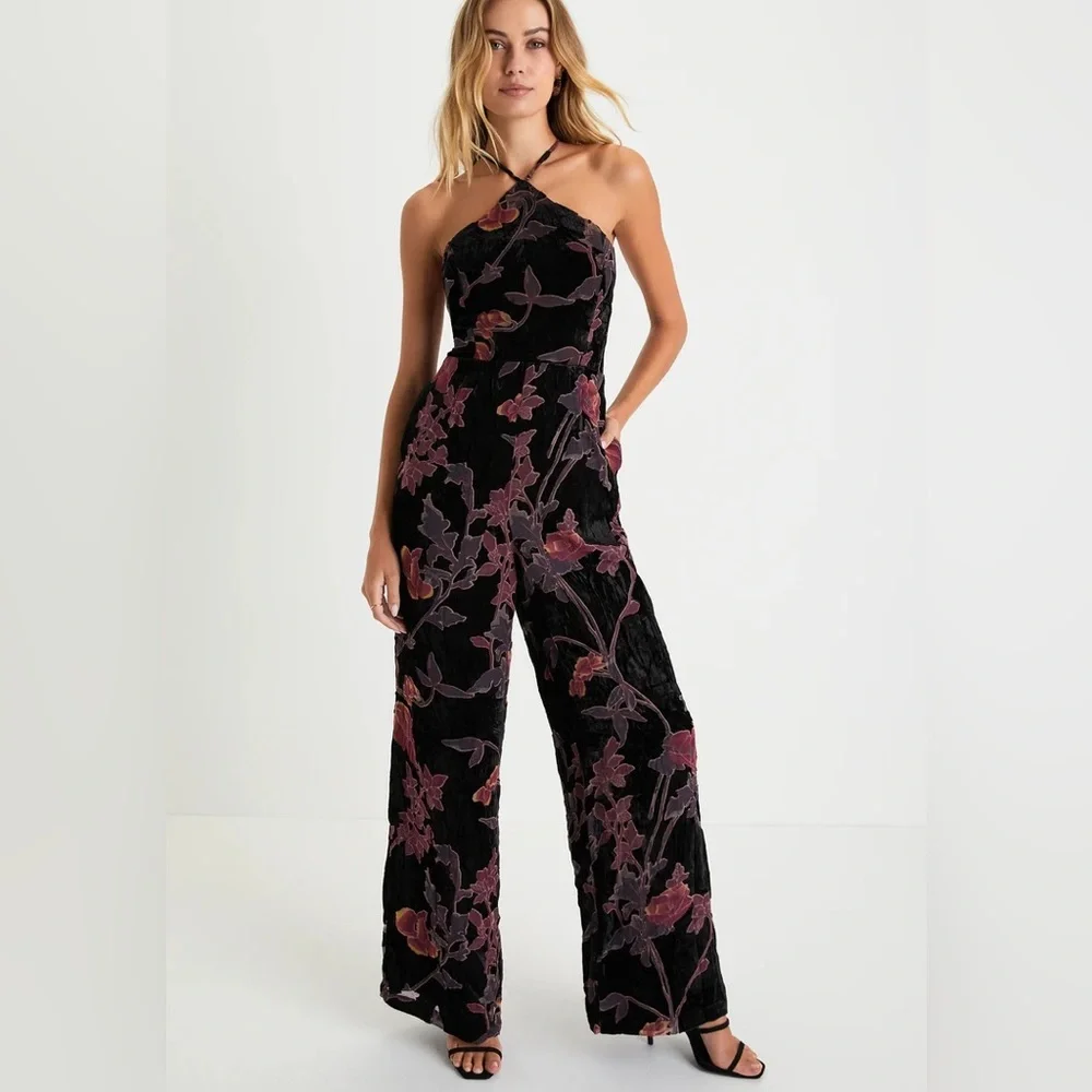 Lulus Exquisite Vibe Black Floral Burnout Velvet Purple Pink Lace-Up Jumpsuit M - Picture 4 of 11